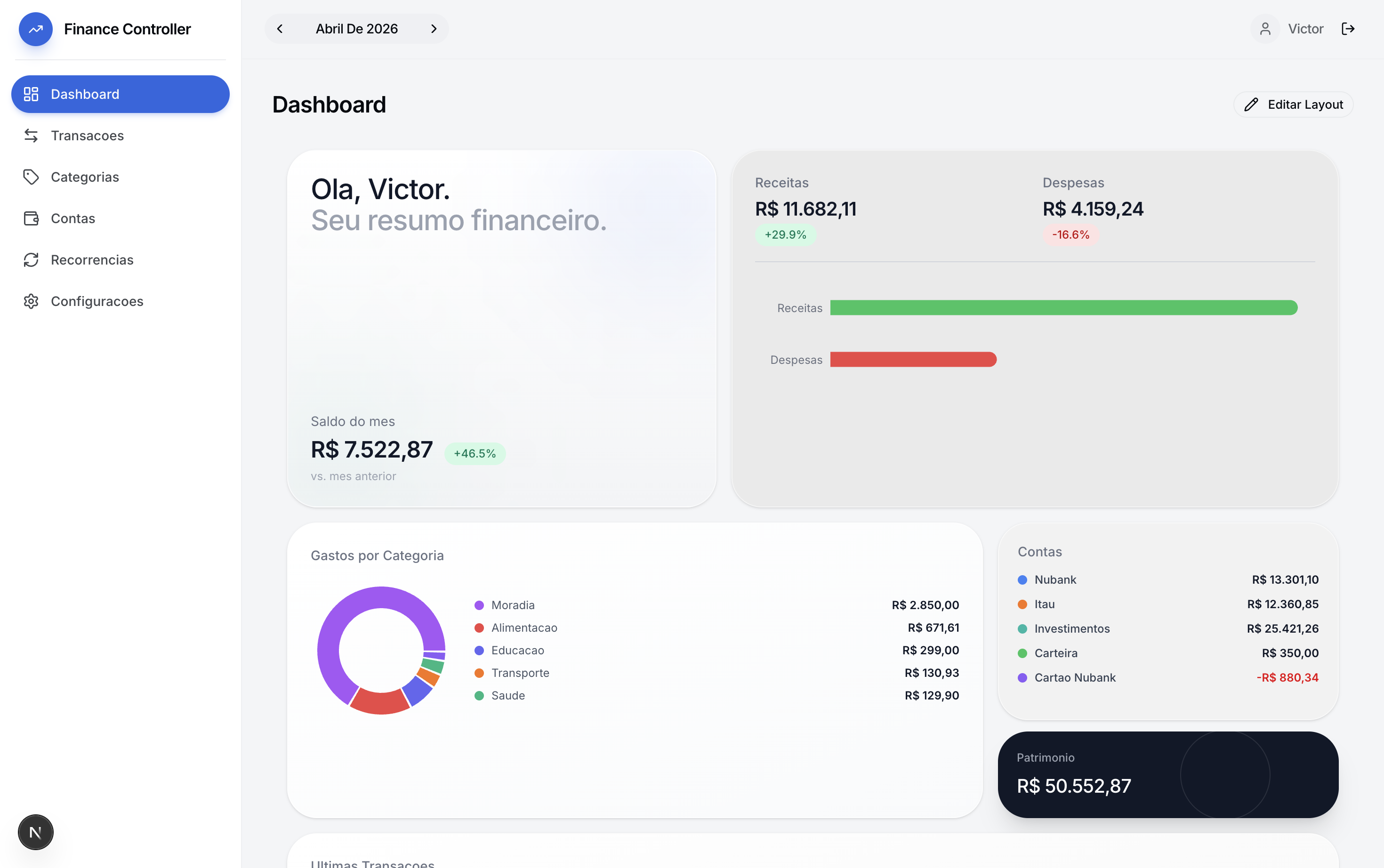Preview do projeto Finance Controller